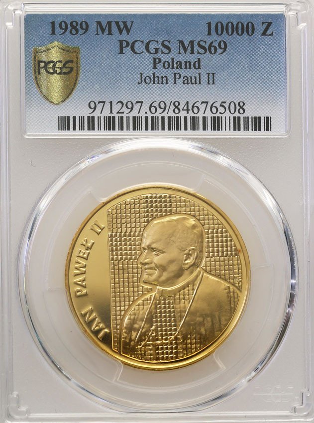 PRL. 10.000 złotych 1989 Jan Paweł II kratka PCGS MS69 (MAX)